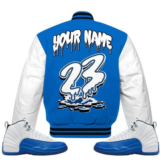 Blueberry 12s Varsity Jacket, Streetwear Varsity Jackets, Custom 23 Drip All Over Print Letterman Jackets
