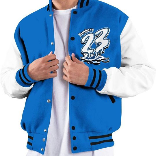 Blueberry 12s Varsity Jacket, Streetwear Varsity Jackets, Custom 23 Drip All Over Print Letterman Jackets