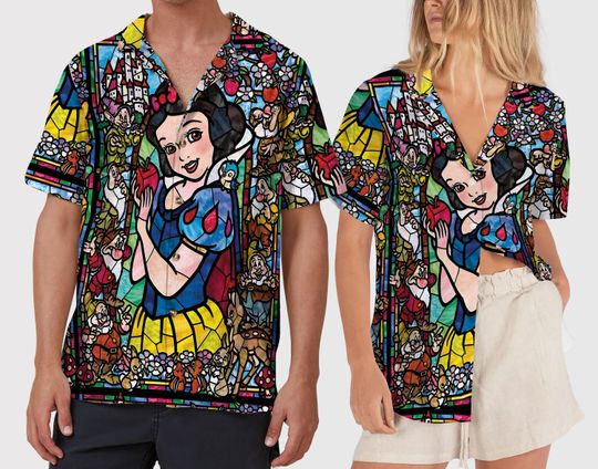Stained Glass Snow White  Hawaiian Shirt, Retro Snow White & The Seven Dwarfs Floral Button Up Shirt, Magic Kingdom Disney Princess Shirt