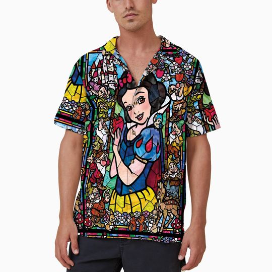 Stained Glass Snow White  Hawaiian Shirt, Retro Snow White & The Seven Dwarfs Floral Button Up Shirt, Magic Kingdom Disney Princess Shirt