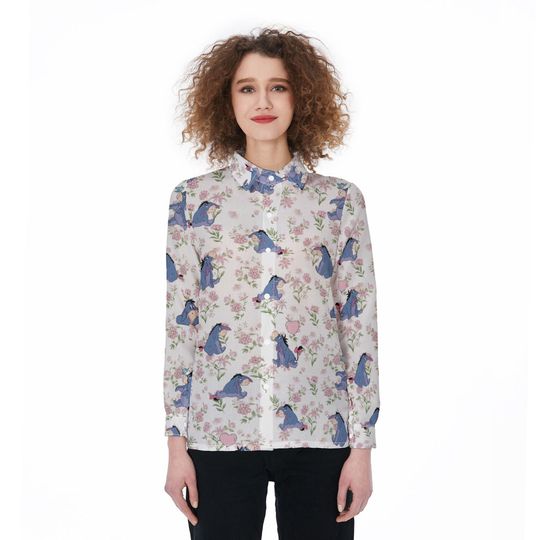 Winnie The Pooh Eeyore 3D All over Print Women Blouses Shirt, Eeyore Women Casual Shirt, Eeyore Casual Long Sleeve Button Down Shirt