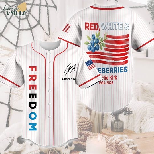 Red White Blueberries Baseball Jersey, Blueberry Budget, Charlie Kirk Inspired Jersey