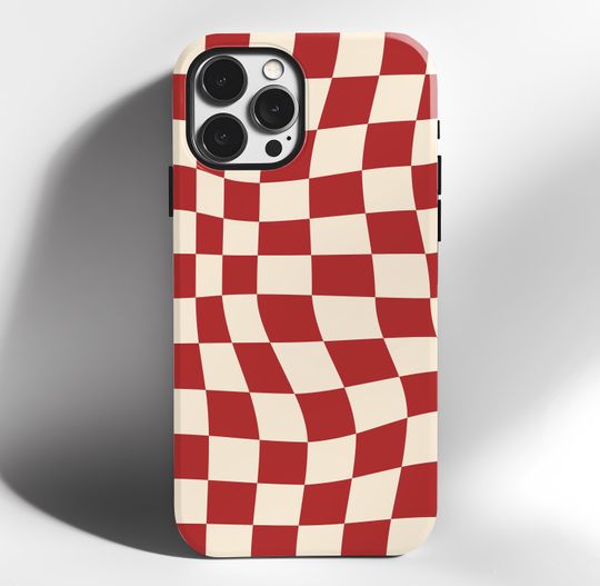 Discover Red Beige iPhone Cover Tough Case, Stylish Checkered Design, Trendy Red and Cream Accessory Gift for Her, iPhone Case Sleeve