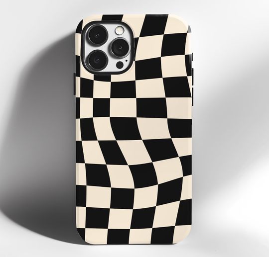 Discover Black Beige iPhone Cover Tough Case, Stylish Checkered Design, Trendy Black and Cream Accessory Gift for Her, iPhone Case Sleeve