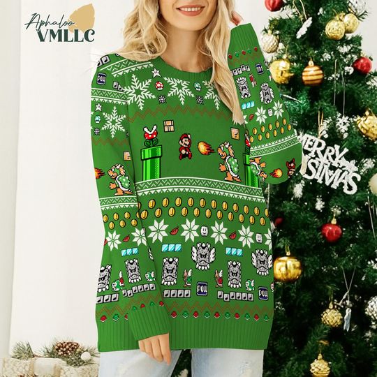 Super Mario Bros Ugly Christmas Sweater, Mario Bowser Ugly Christmas Sweater