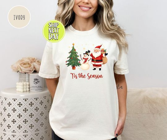 Discover Christmas Tis The Season T-Shirt with Santa Claus and Snowman