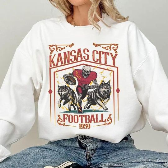 Discover Kansas City Football Skull Vintage Sweatshirt,Kansas City Fan Gifts,Football Game Day t-shirt,Kansas City Football Crewneck,Football T-Shirt