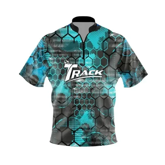 Discover Track Teal Honeycomb Quick Ship CoolWick Sash Zip Bowling Jersey