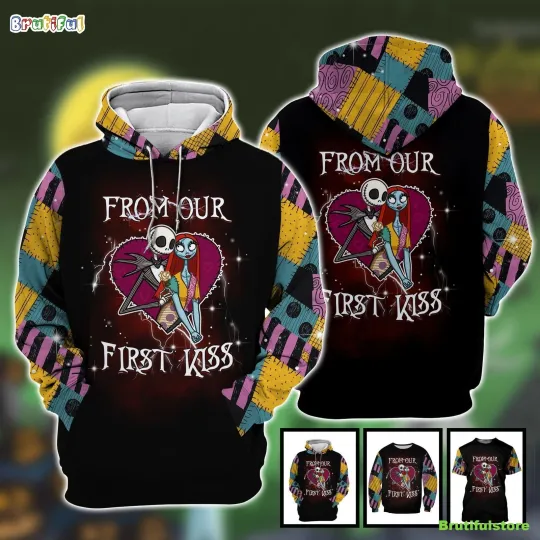 Discover Personalized Jack Skellington And Sally From Our First Kiss Gift Hoodie 3D