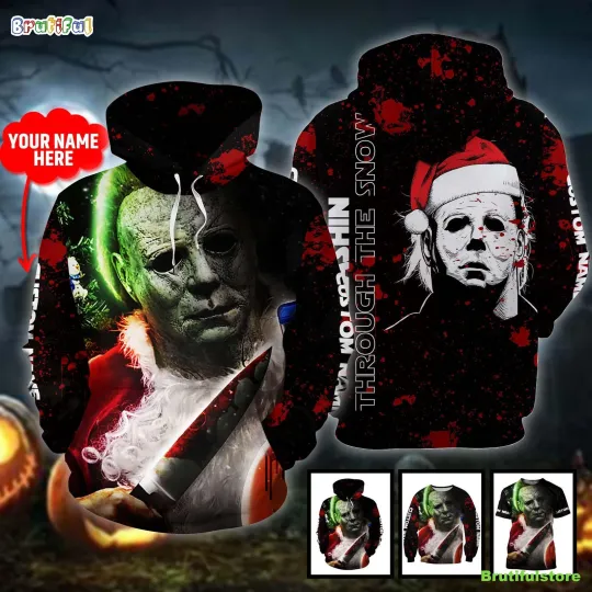 Personalized Michael Myers Santa Thrashing Through Gift Hoodie 3D Printed