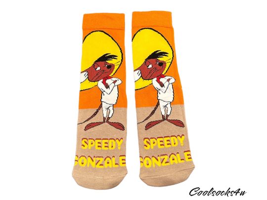 Zippy Mouse Socks | Speedy Gonzales Cartoon Character Cotton Crew Socks | Fun Retro Gift for Men & Women