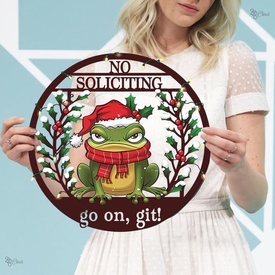 Discover Christmas No Soliciting Sign, Funny Frog Holiday Metal, Winter Porch Door Decor, Gift for home, Christmas Frog Wall Sign, Grumpy frog sign