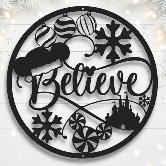 Discover Disney Believe Christmas Metal Sign: Santa Sleigh, Family Name, Holiday Wall Art