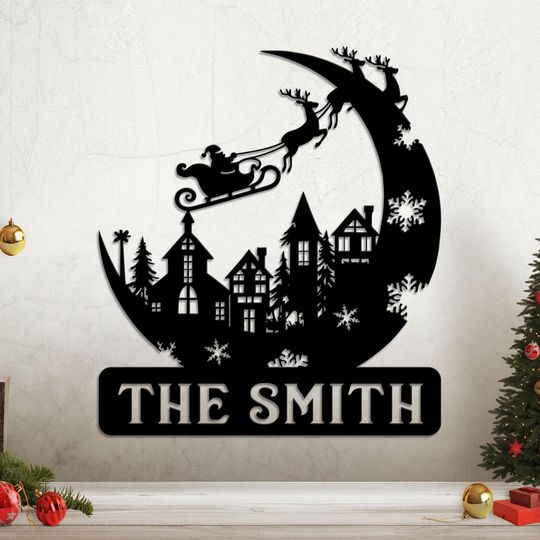 Discover Personalized Christmas Metal Sign  Custom Santa Sleigh and Reindeer Wall Art with Family Name for Holiday Home or Winter Decor