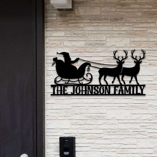 Discover Personalized Santa Claus with Reindeer Metal Sign Wall Art, Custom Family Name Sign, Santa Claus Metal Wall Decor, Christmas Decoration