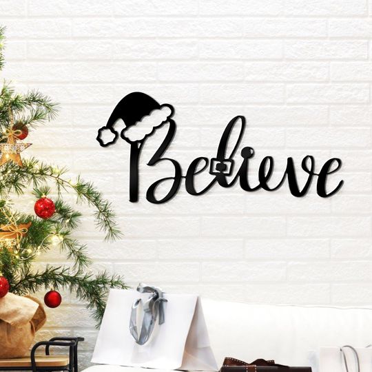 Discover Believe Santa Claus Christmas Metal Sign -  Santa Hat Outdoor Christmas Sign - Entrance Porch Sign - Christmas decor Sign - Believe in magic