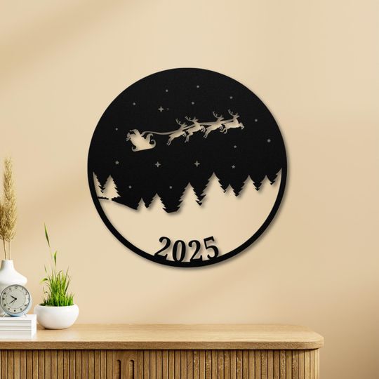 Custom Santa Round Metal SignChristmas Gift Seasonal Wall Art Home Decoration Santas Sleigh Forest Pine Tree
