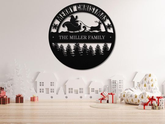 Discover Personalized Merry Christmas Porch Sign, Custom Name Santa Claus Reindeer Family Name Sign Metal Wall Art