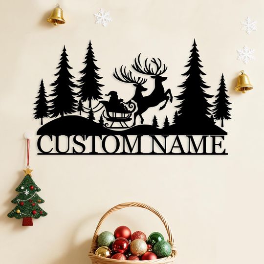 Discover Merry Christmas Sign, Santa Claus and Reindeer Sign, Unique Gift, Christmas Door Hanger, Door Sign, Christmas Gift, Christmas Metal Decor
