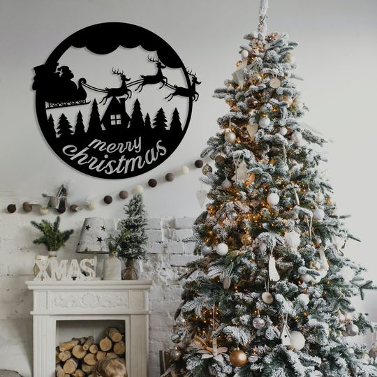Discover Merry Christmas Sign, Santa Claus and Reindeer Sign, Unique Gift, Christmas Door Wreath, Door Sign, Christmas Gift, Christmas Metal Decor