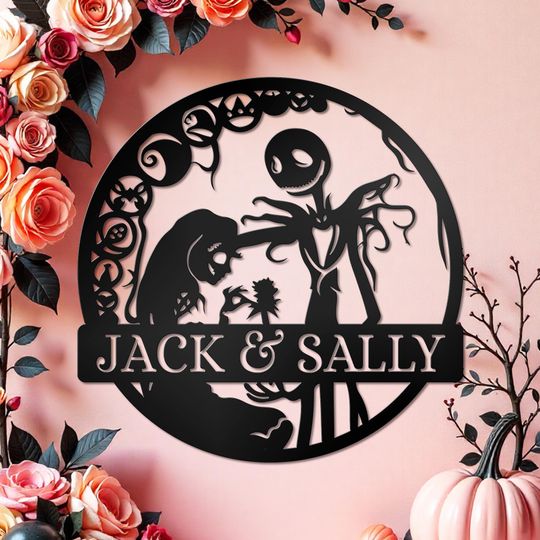 Halloween Jack and Sally Decor Personalized Bedroom Entryway Wall Art Spooky Halloween Wreath Sign Home Wall Decoration Wife Halloween Gifts