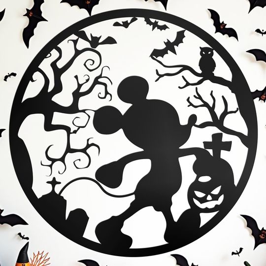 Disney Trick or Treat Door Sign Mickey Inspired Porch Decor Mickey Mouse Pumpkin Wall Art Fall Outdoor Metal Housewarming Kids Room Gift