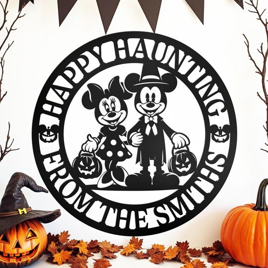 Discover Personalized Halloween Metal Sign: Mickey Mouse Inspired Family Name Decor
