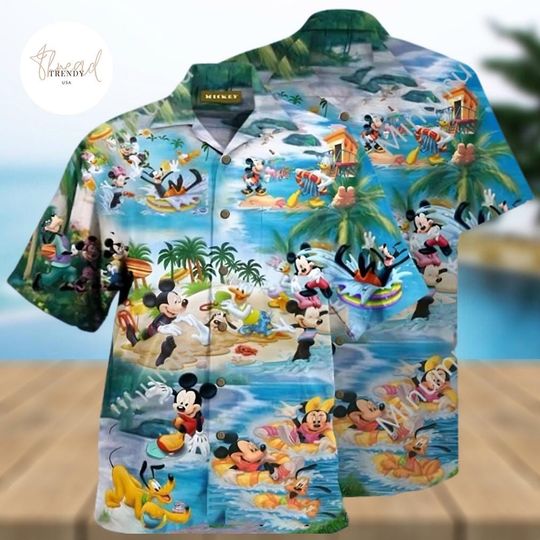 Discover Mickey Minnie Mouse Donald Daisy Duck Pluto Dog Disney Chill At The Beach Full Printing Hawaiian Shirt All Over Print Gift For Her AOP Kid