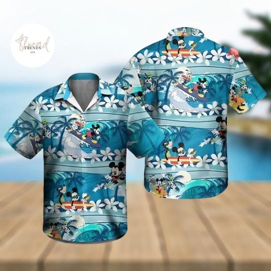 Discover Mickey Mouse Disney Surfing Donald Duck White Frangipani Floral Disney Hawaiian Shirt All Over Print Gift For Her AOP For Kid For Her