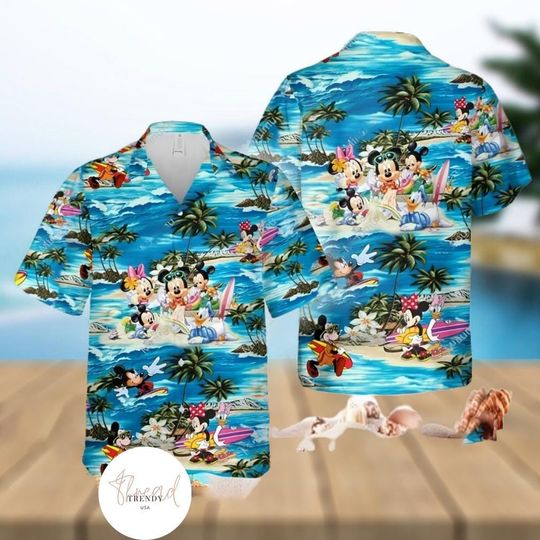 Discover Mickey Minnie Mouse Donald Daisy Duck Surfing And Castle Shirt And Short Full Printing Hawaiian Shirt All Over Print Gift For Her AOP Kid