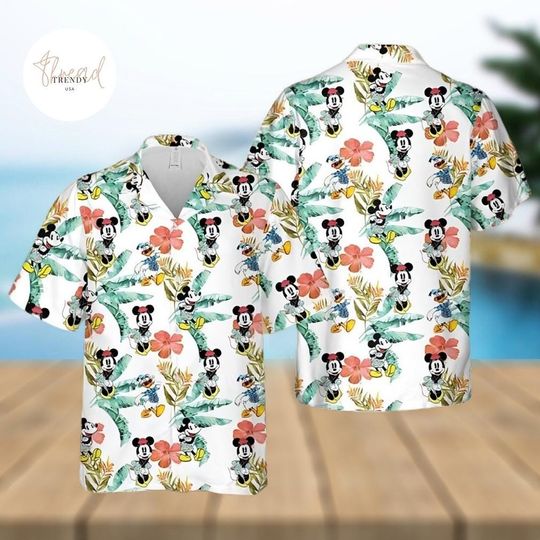 Discover Mickey Minnie And Donald Vacation Disney Cartoon Graphics Tropical Hibiscus Full Printing Hawaiian Shirt All Over Print Gift For Her AOP Kid