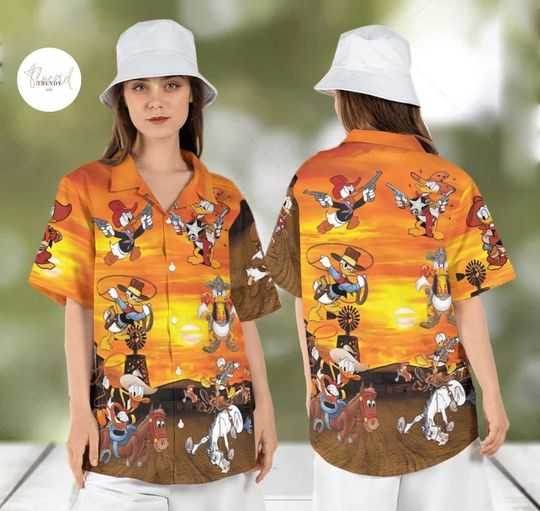 Discover Cowboy Donald Duck Hawaiian Shirt 3D Donald Duck Western Hawaii Shirt Disneyworld Summer Aloha All Over Print Beach Short Gift Set For Him