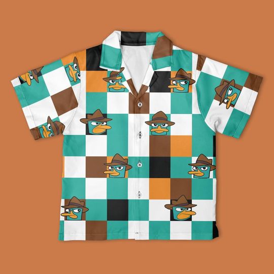Disney Perry the Platypus Checkerboard Hawaiian Shirt, Agent P Button Down Shirt, Disney Phineas and Ferb shirt