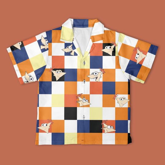 Disney Phineas Flynn Checkerboard Hawaiian Shirt, Phineas and Ferb Button Down Shirt, Disney Phineas and Ferb shirt