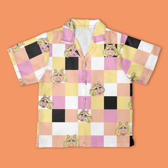 Miss Piggy Checkerboard Hawaiian Shirt, The Muppet Show Button Down Shirt, Disney The Muppet Show shirt