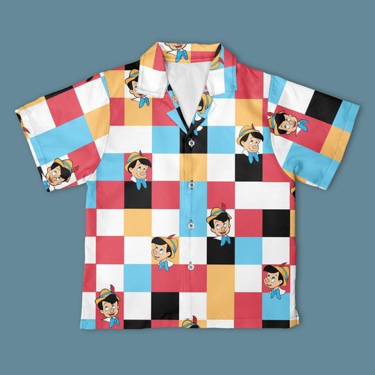 Disney Pinocchio Checkerboard Button Up Shirt, Pinocchio Button Down Shirt, Disney Pinocchio shirt, Peter Pan Disney Trip Outfits