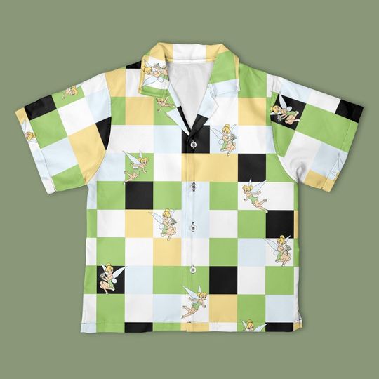 Disney Tinker Bell Checkerboard Button Up Shirt, Tinkerbell Button Down Shirt, Disney Fairy Tinker Bell shirt, Peter Pan Disney Trip Outfits