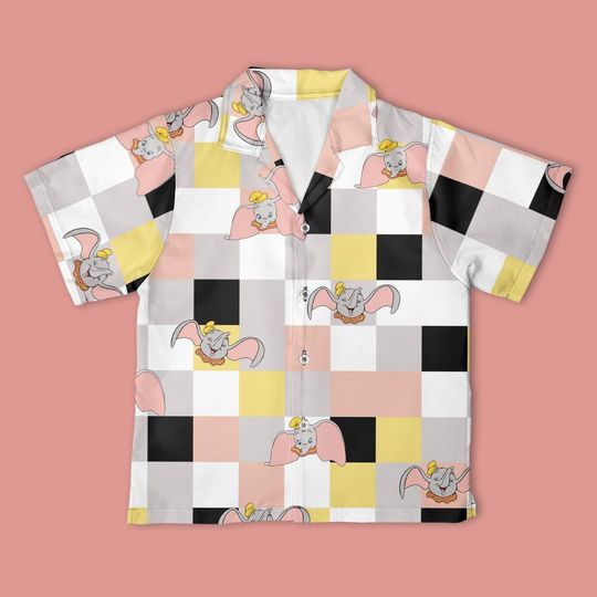 Discover Disney Dumbo Checkerboard Button Up Shirt, Disney Character Button Down Shirt, Disney Dumbo shirt, Dumbo Flying Elephant Disney Trip Outfits