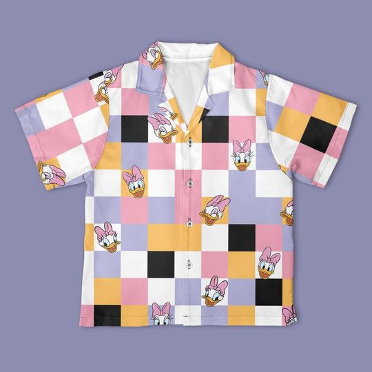 Discover Disney Daisy Duck Checkerboard Button Up Shirt, Mickey & Friends Button Down Shirt, Disney Shirt, Halloween Disney Vacation Outfit