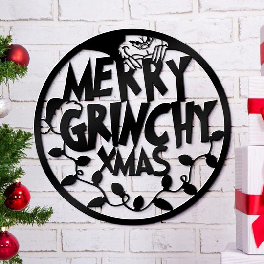 Discover Merry Grin Metal Sign, Dr Seuss Inspired Metal Decor, Whimsical funny character Xmas Sign, funny character Christmas Sign, funny character Theme Sign, Too Lit