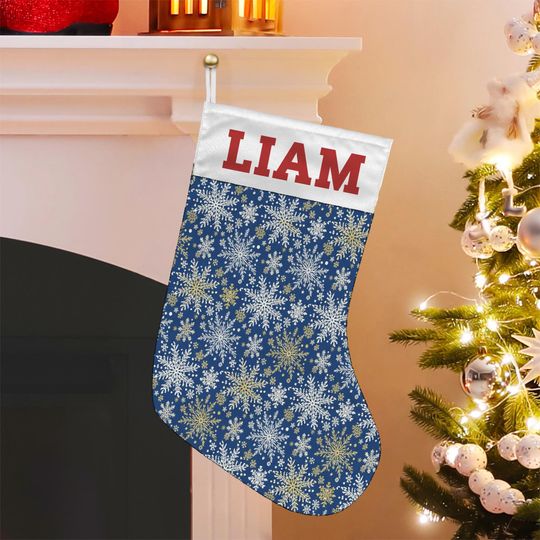 Discover Personalized Christmas Stocking: Blue Snowflake Fireplace Decoration with Name