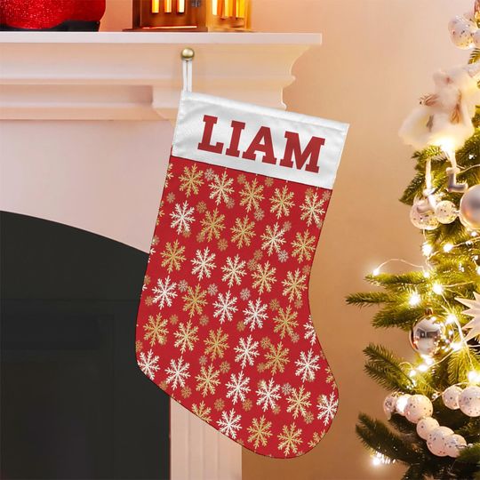 Personalized Christmas Stocking: Red Snowflake Fireplace Decoration with Name