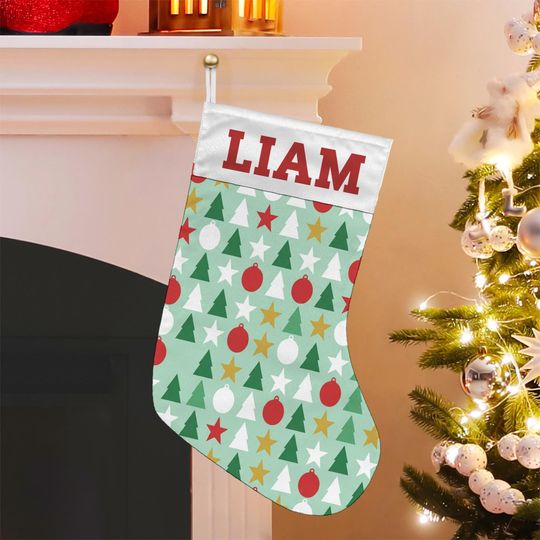 Discover Personalized Christmas Stocking: Green Tree Star Ornament Pattern with Name