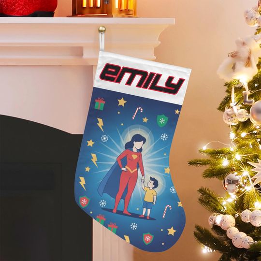 Discover Personalized Christmas Stocking: Superhero Mom and Child Design, Custom Holiday Fireplace Decor