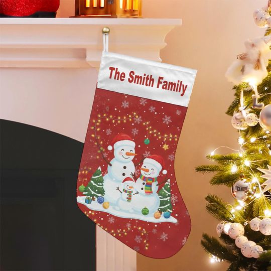 Personalized Christmas Stocking  Custom Family Name Holiday Fireplace Decoration, Snowman Winter Design