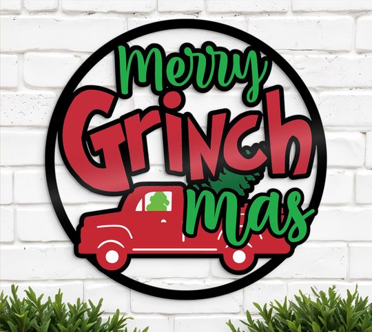 Merry Grin Metal Sign - Kids Winter Gifts - funny character Love Sign - Funny Christmas funny character Sign - Christmas Tree Truck Wall Decor - Dad Gift