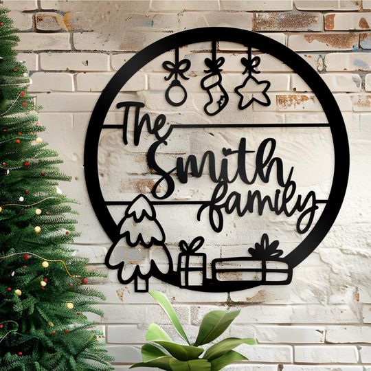 Discover Custom Name Holiday Metal Art, Merry Christmas metal sign, Christmas wreath, Holiday Gift sign, Front Door Christmas Decor sign