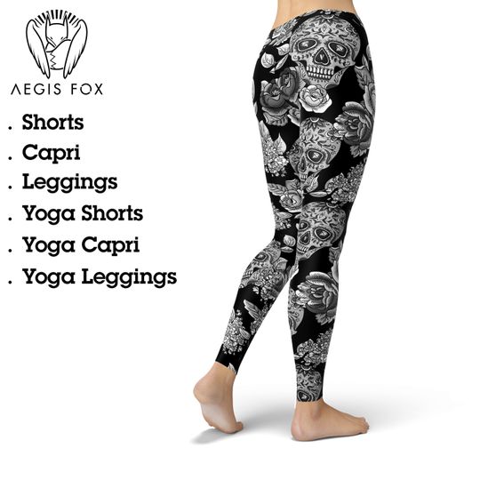 Discover Sugar skull leggings, Day of The Dead leggings, printed leggings, high waste leggings, yoga leggings, capri leggings, yoga shorts
