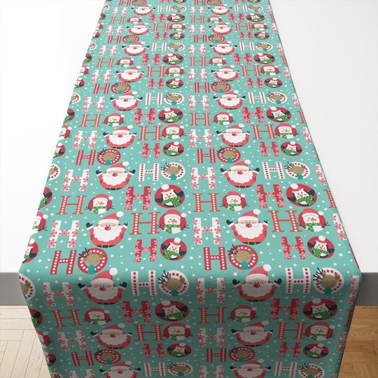 Discover Christmas Table Runner,Printed Runner with Snowmen, Penguins, Santa Claus on Turquoise Background