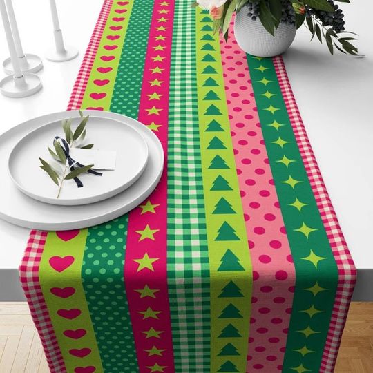 Joyful Green and Pink Xmas Table Runner, Colorful Christmas Table Linens, Geometric Holiday Kitchen Tablecover, Winter Centerpiece